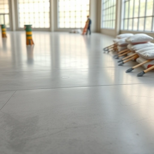 Completed concrete floor patching in Jersey City NJ showcasing smooth surface, construction tools, and professional craftsmanship.