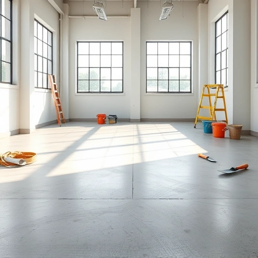 Concrete floor patching in Jersey City NJ with a smooth finish, natural light, and professional tools nearby.