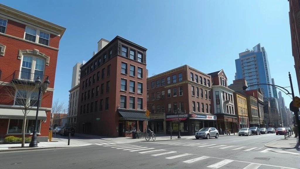A vibrant street scene in Jersey City, NJ with people enjoying outdoor dining and city life.