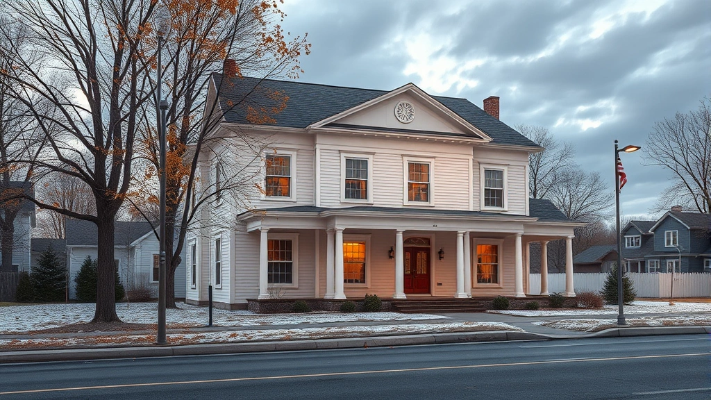 View of a historic building in Orangeburg, NY with a clear blue sky in the background.