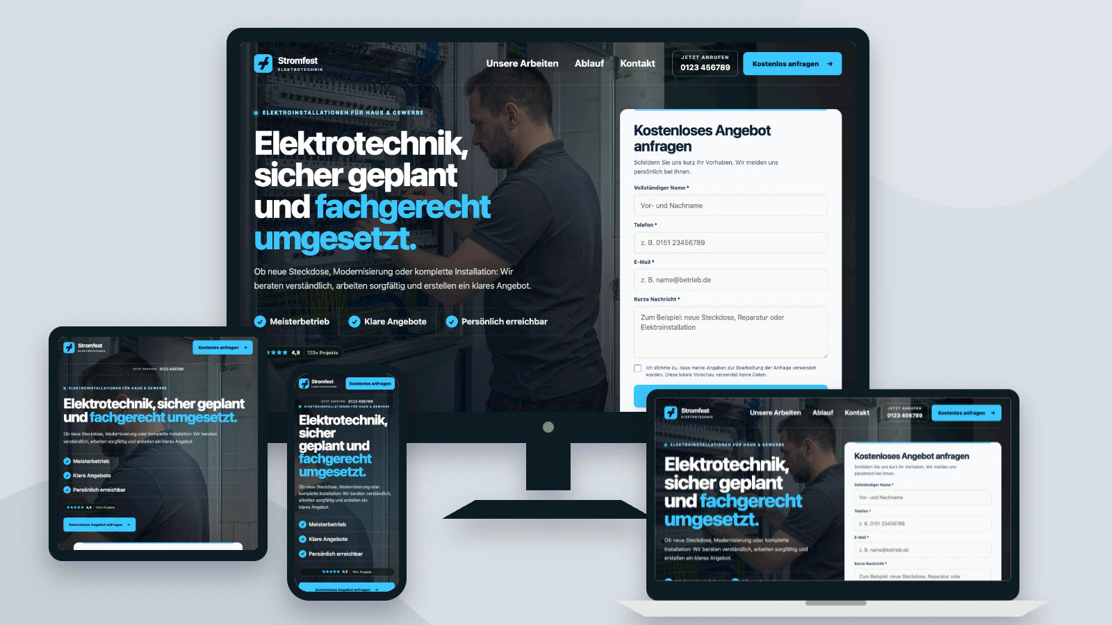 Responsive Website für einen Elektromeisterbetrieb auf vier Endgeräten
