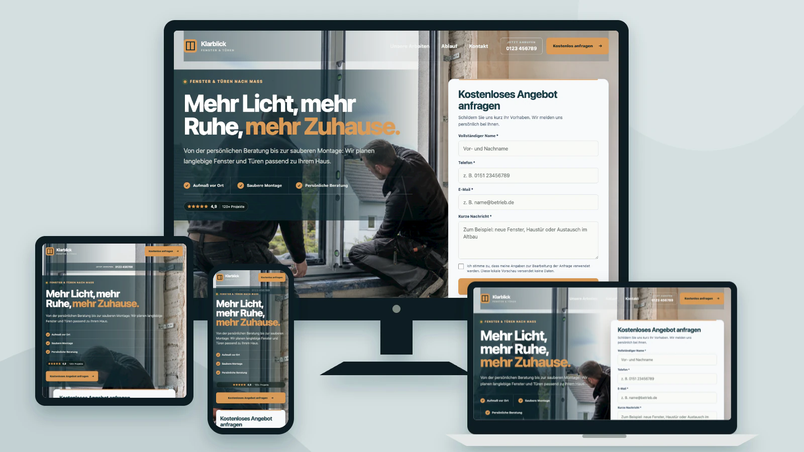 Responsive Website für Fenster und Türen auf vier Endgeräten