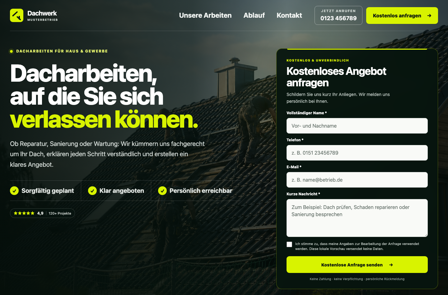 Dachdecker-Beispielwebsite mit Anfrageformular in der Desktopansicht