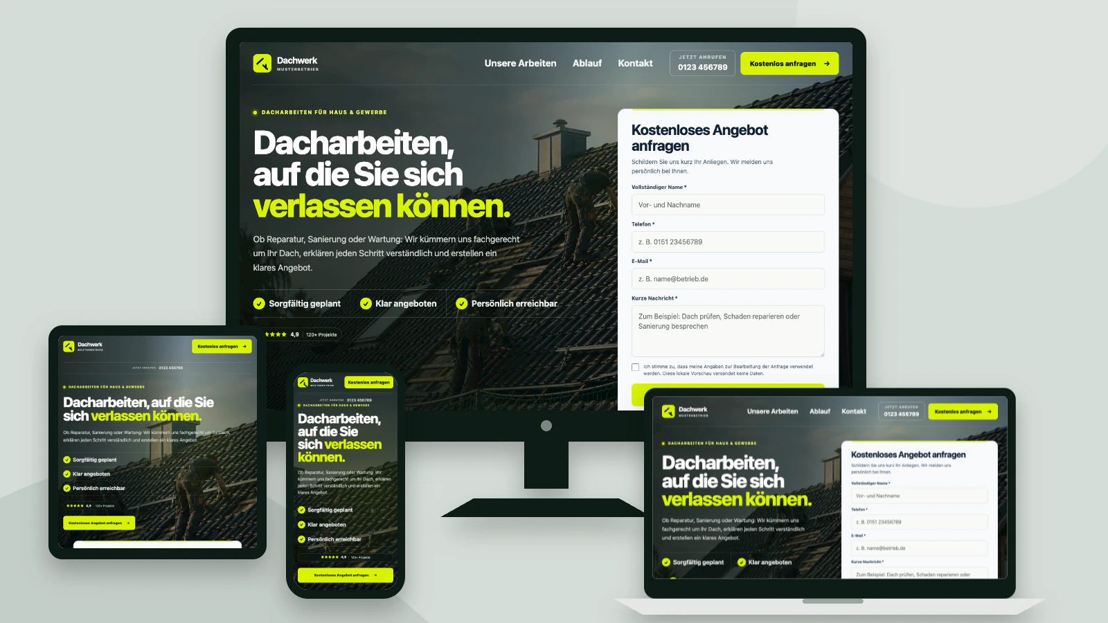 Individuelle responsive Website für einen Dachdeckerbetrieb auf vier Endgeräten