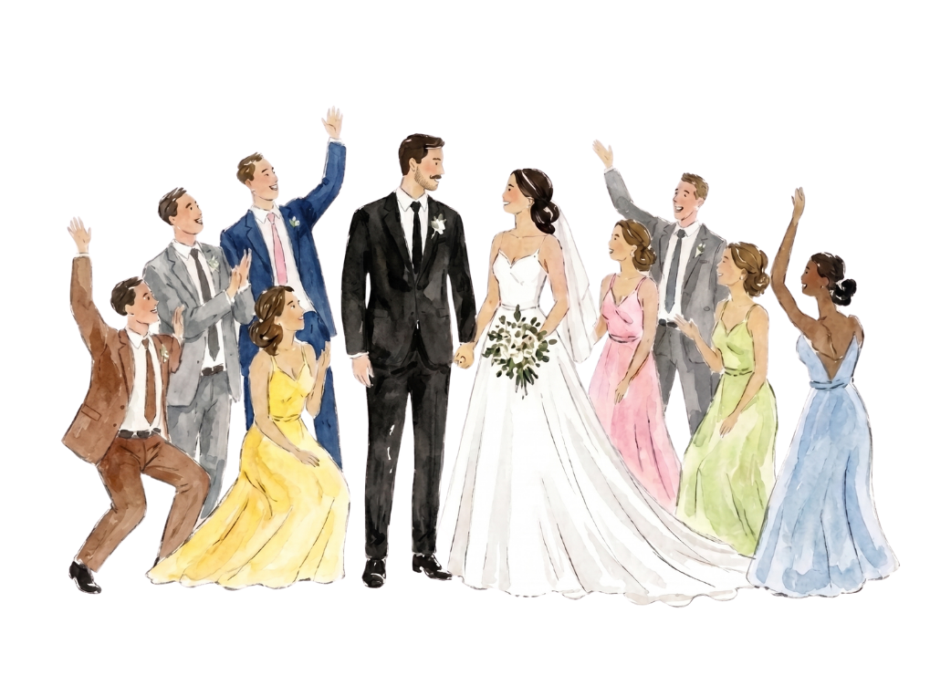 Ilustración en acuarela de los novios rodeados de sus invitados vestidos de fiesta
