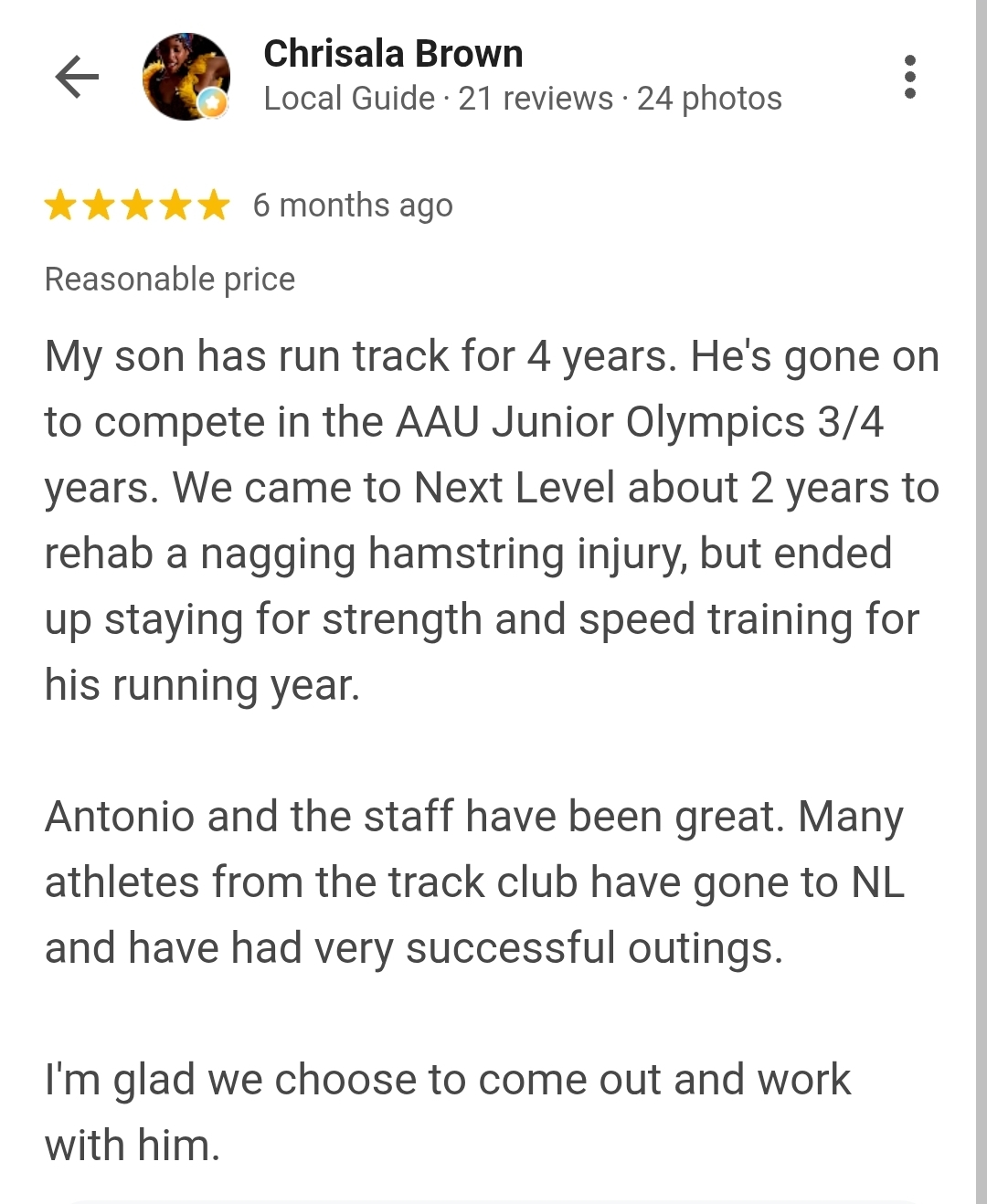 Chrisala Brown — 5 Star Google Review