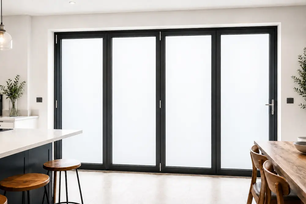 Switchable privacy glass in private mode providing privacy while retaining natural light