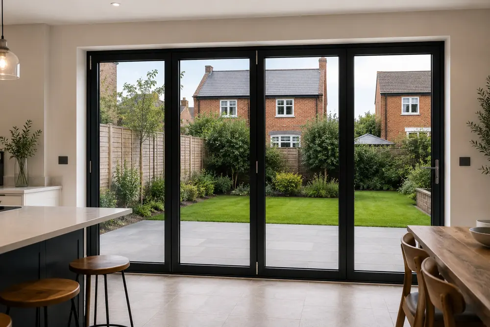 Switchable privacy glass in clear mode allowing natural light into a modern home