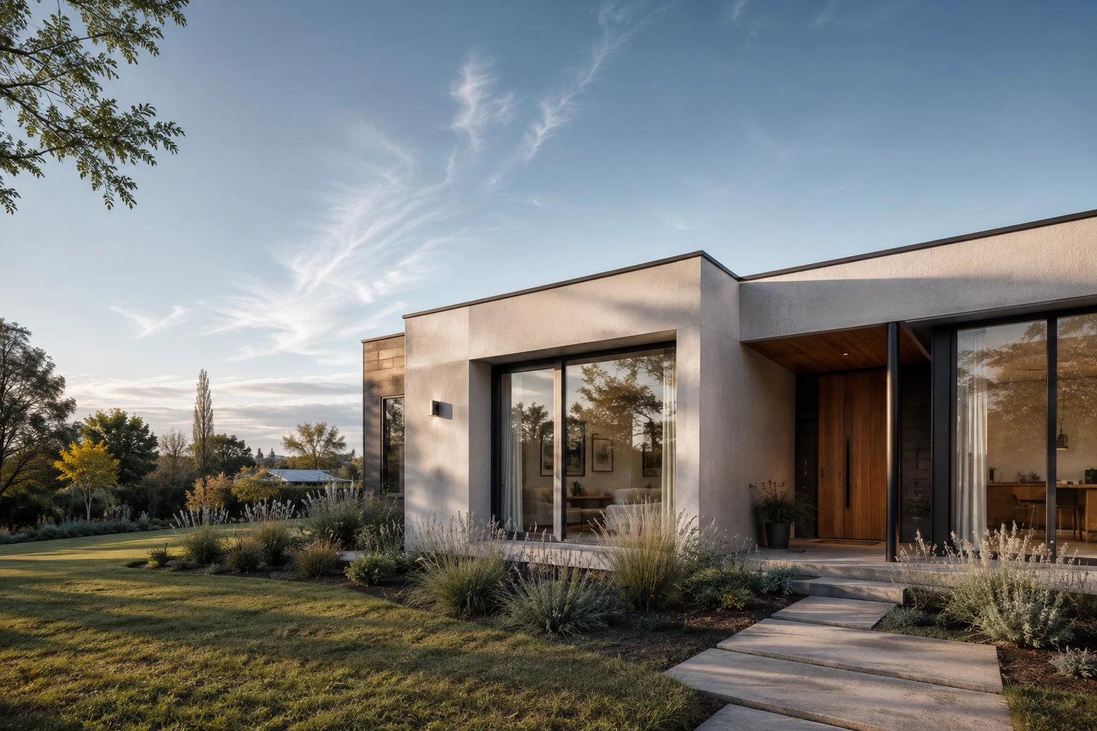 Visualización conceptual de una vivienda contemporánea con jardín