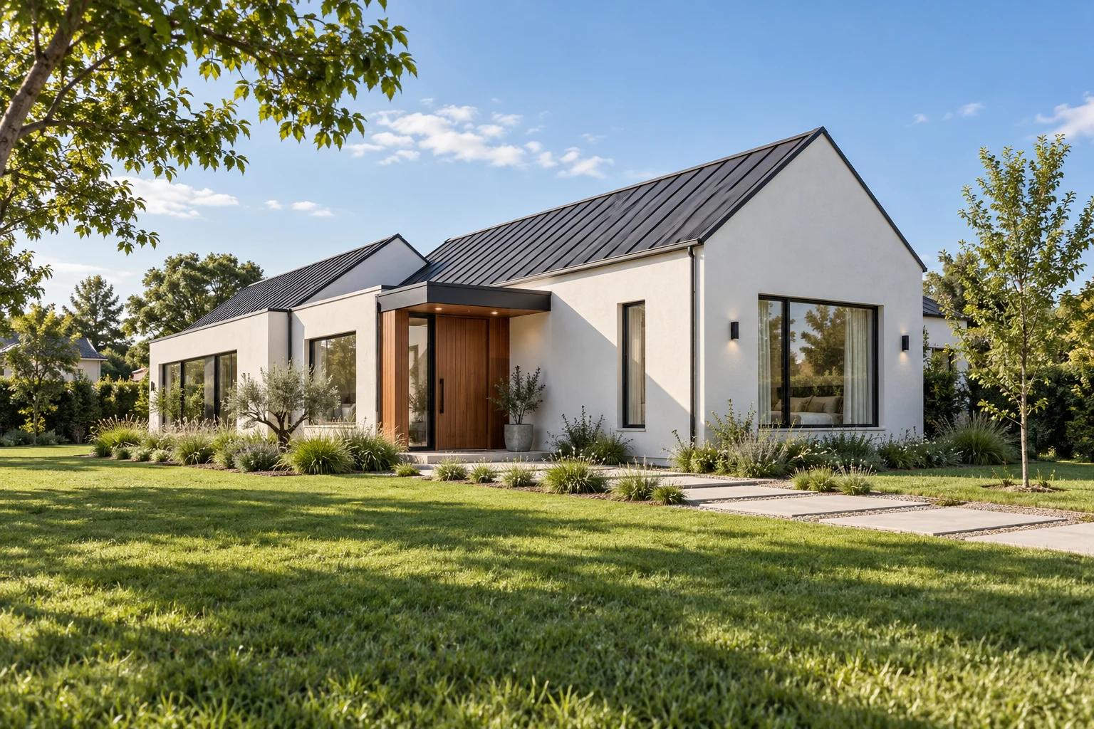 Render conceptual de vivienda con techo a dos aguas, fachada blanca y jardín