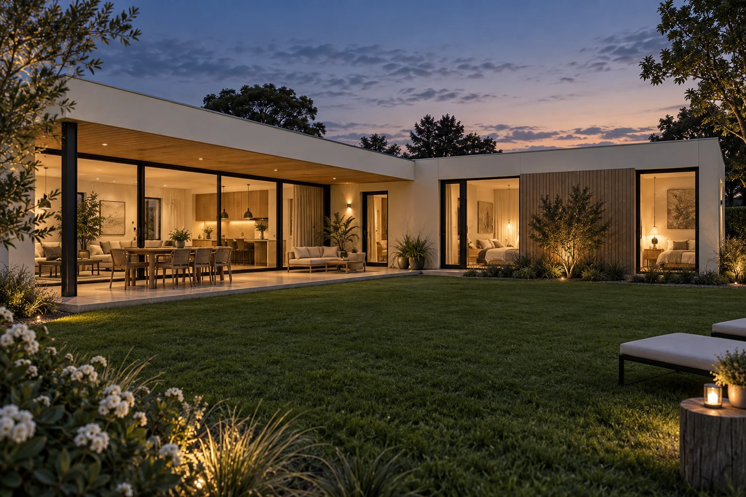 Render conceptual de vivienda con galería y amplios ventanales al jardín