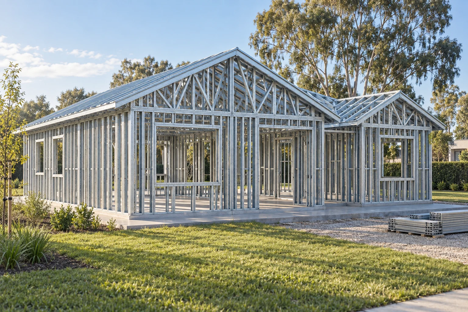Render ilustrativo de la estructura de perfiles de acero de una vivienda en Steel Framing