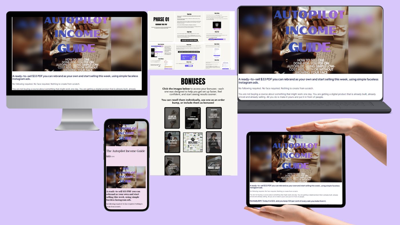 The Autopilot Income Guide shown on desktop, laptop, tablet and phone