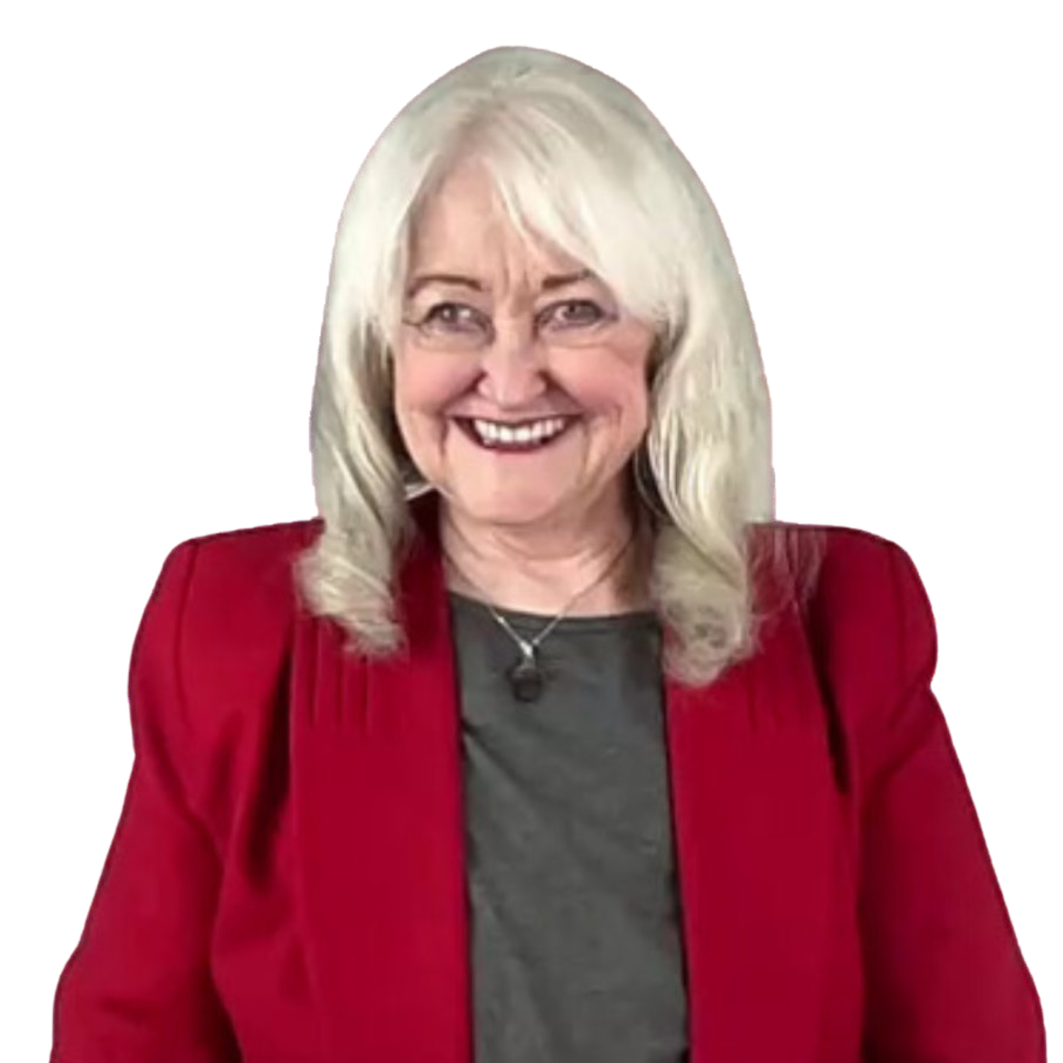 Joy Francis smiling, wearing a red blazer