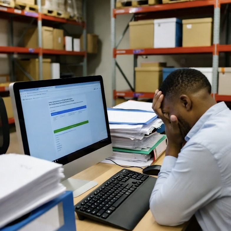 Man in an office setting, stressed while looking at a computer screen displaying a website, surrounded by stacks of paperwork and storage boxes, illustrating challenges in managing business operations.
