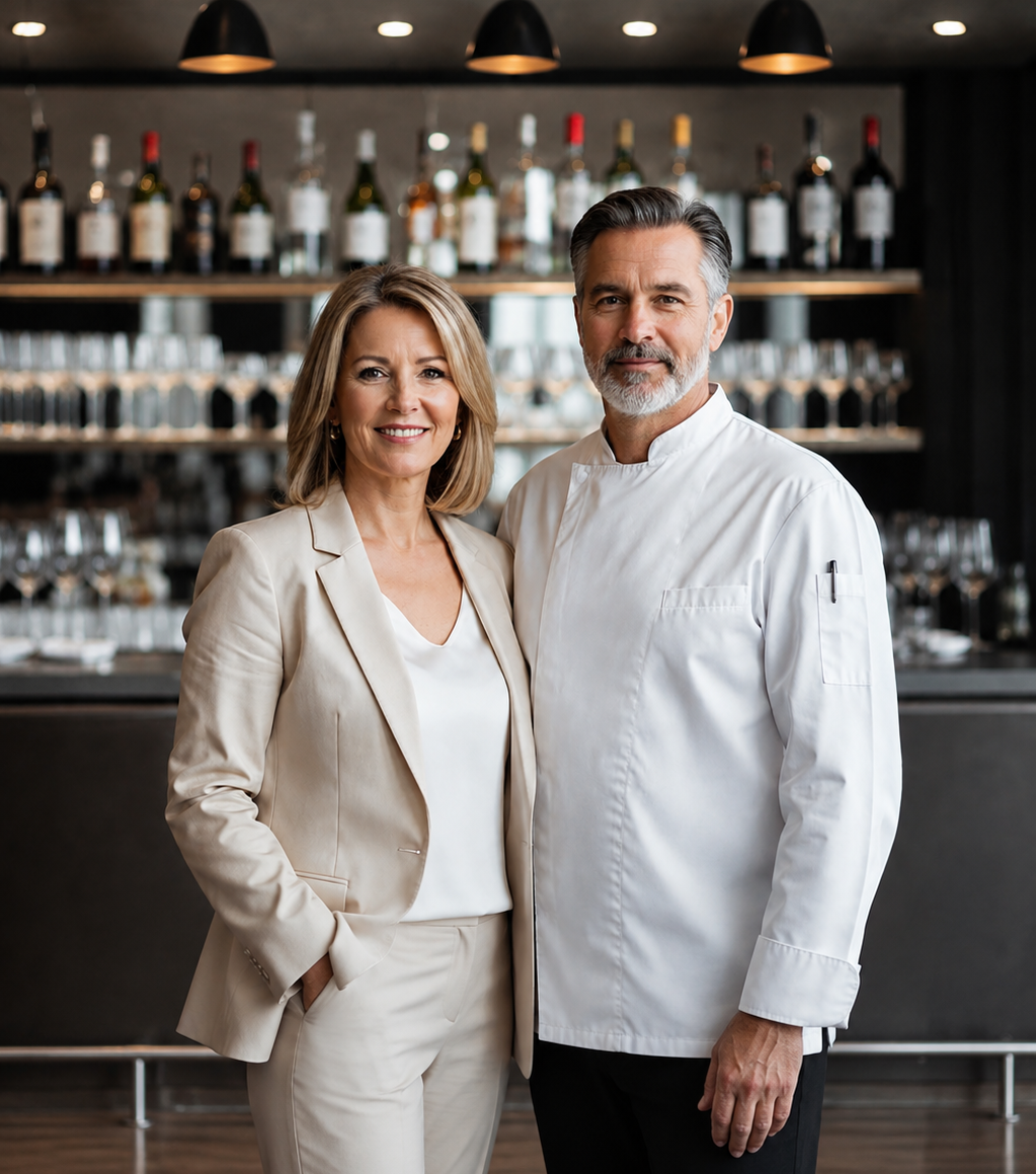 Restaurant owners standing inside their restaurant