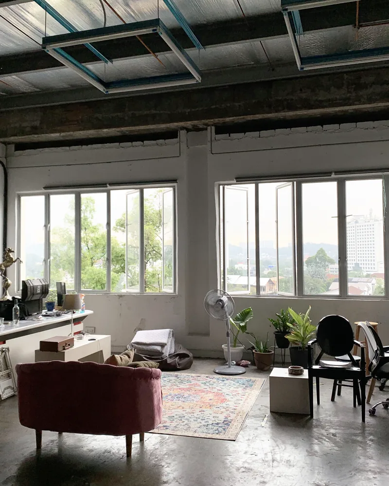 The finished window-lit studio in use for a two camera interview shoot