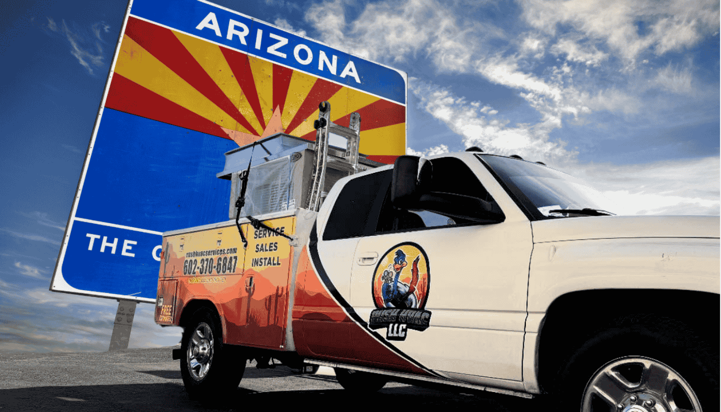 Rush HVAC Services truck in front of the Arizona sign