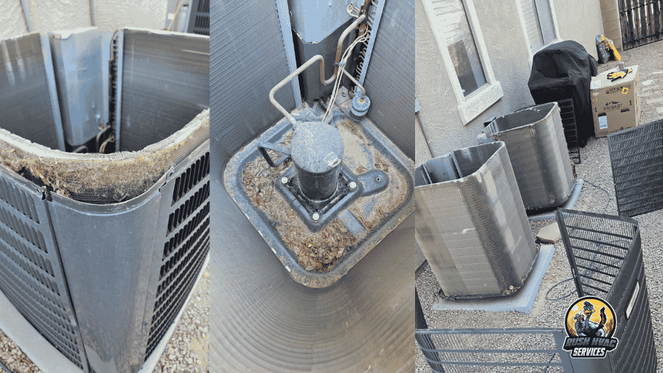 Clogged AC condenser units before cleaning by Rush HVAC Services