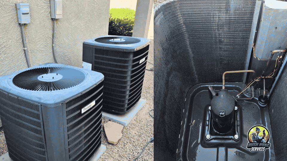 Rush HVAC technician deep cleaning dust-clogged AC condenser coils with foaming coil cleaner on Trane units in the East Valley, AZ
