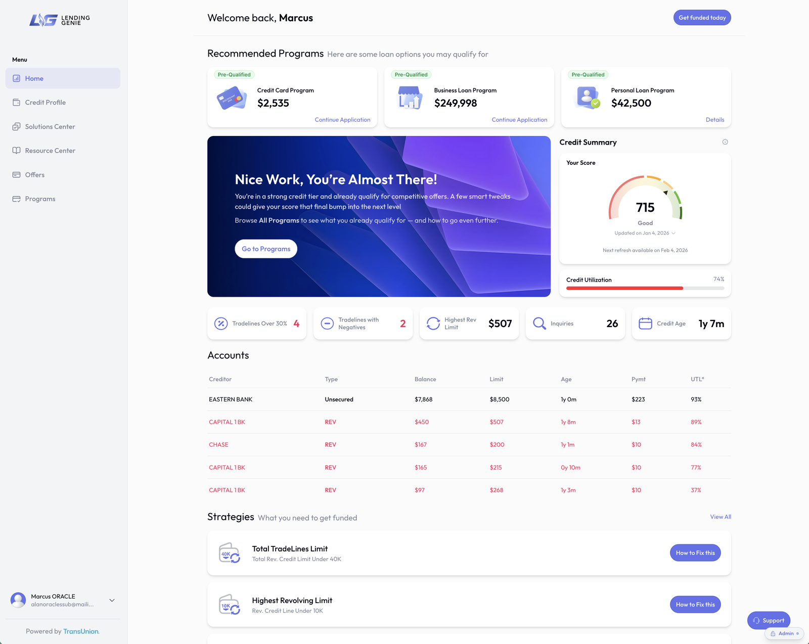 LendingGenie readiness dashboard with score gauge and capital options that fit your profile