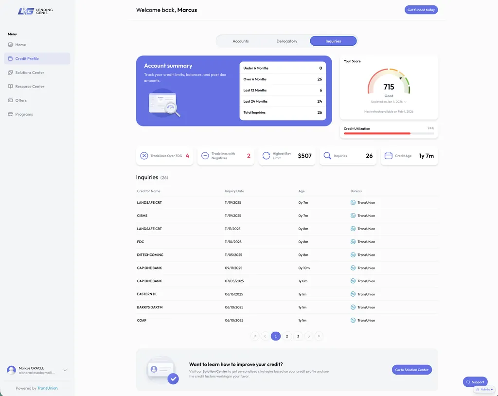 LendingGenie profile intelligence showing account summary, score, and a full inquiry history