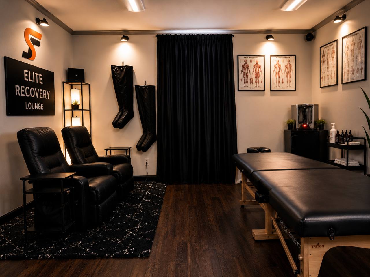 SportsFlex BHAM Elite Recovery Lounge with open treatment table and compression chairs