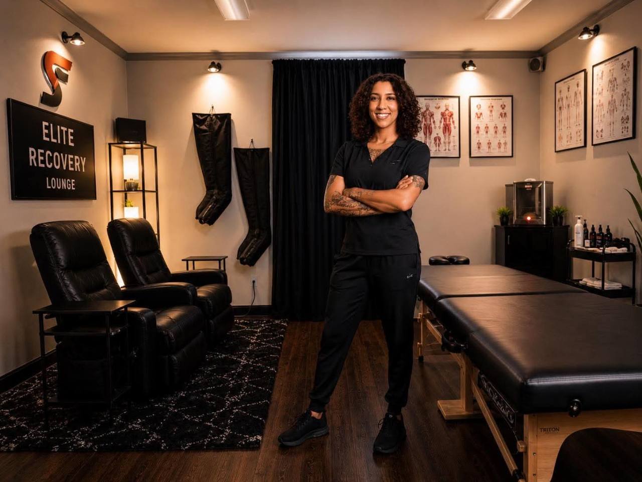 Sally Chatman standing inside SportsFlex BHAM’s Elite Recovery Lounge