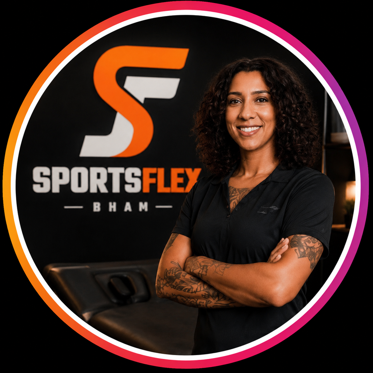 Sally Chatman, LMT, beside the SportsFlex BHAM logo