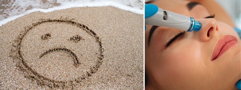 Sad face drawn in beach sand beside a woman receiving a HydraFacial treatment Sad face drawn in beach sand beside a woman receiving a HydraFacial treatment