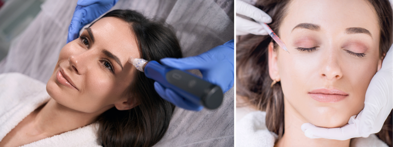 Side-by-side comparison of SkinPen microneedling and Sculptra injectable treatments, two collagen-stimulating services designed to improve skin texture, firmness, and signs of aging.