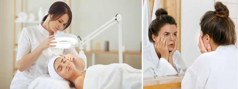 Esthetician performing a facial treatment on a relaxed client, alongside a woman examining her skin in the mirror for signs of aging and skin concerns.