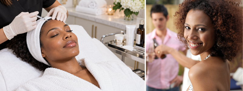 Black woman receiving Botox injections during a relaxing facial treatment at a medical spa. Black woman receiving Botox injections during a relaxing facial treatment at a medical spa.