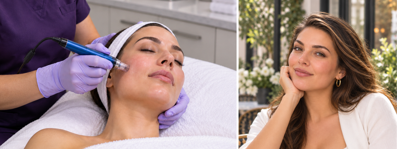 Two images showing a SkinPen microneedling experience and results. In the first image, a provider performs microneedling on a woman’s cheek in a treatment room. In the second image, the same woman appears refreshed and glowing in a casual everyday setting, seated at an outdoor café.
