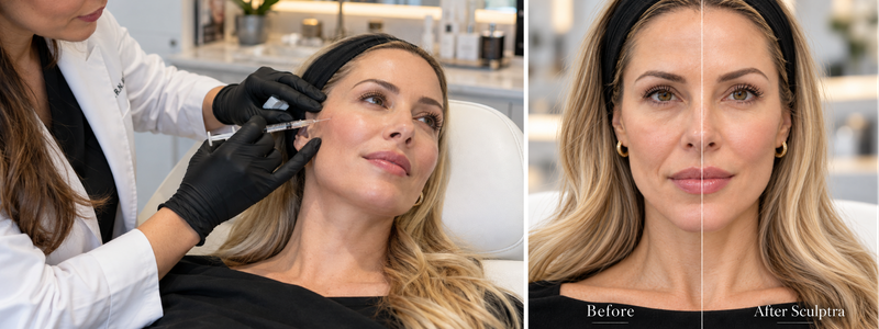 Woman receiving Sculptra injections with before-and-after facial rejuvenation comparison Woman receiving Sculptra injections with before-and-after facial rejuvenation comparison