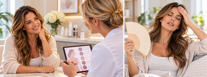 Adult woman discussing midlife wellness with a healthcare provider in a calm clinic.