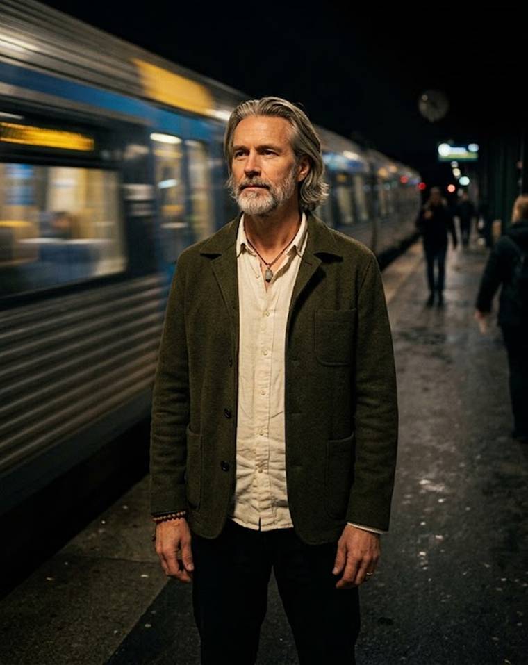 Mand på en perron om aftenen