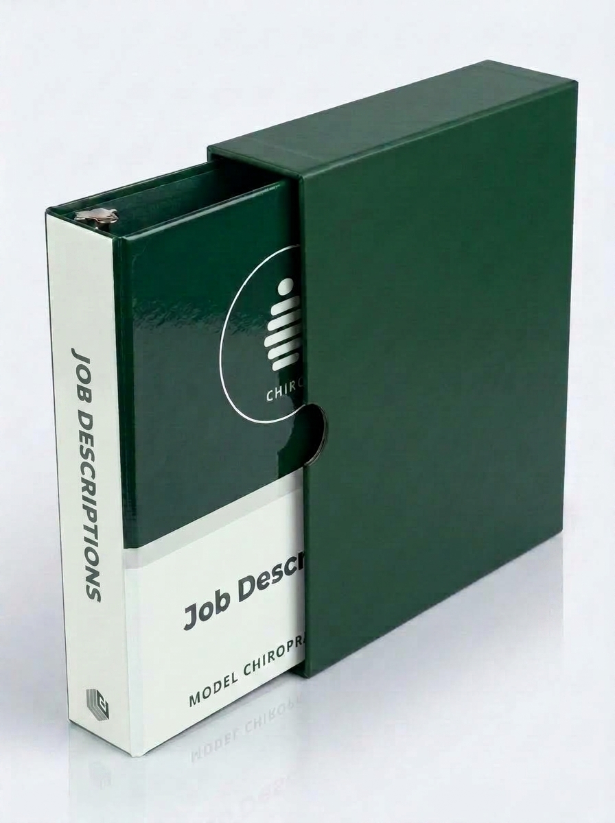 BusinessBetter binder slipcase box — forest green branded box with the Job Descriptions binder sliding out