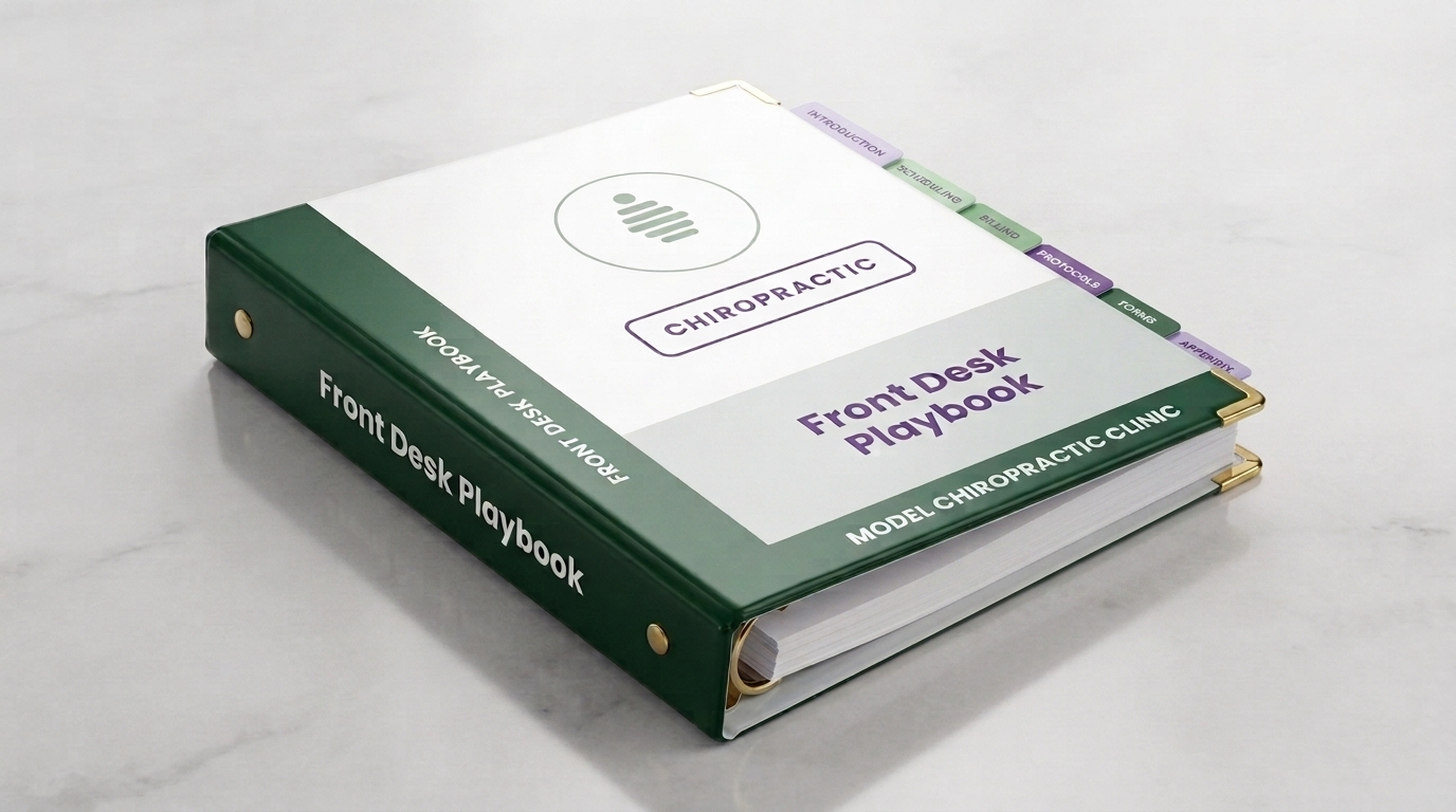 BusinessBetter Signature binder — Front Desk Playbook, matte cover with foil accent and reinforced gold corners