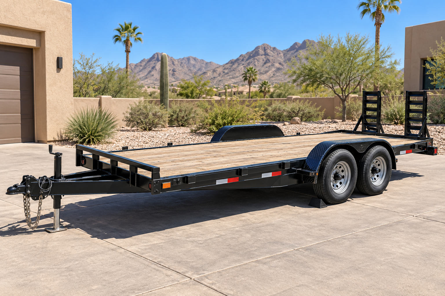 AI-generated concept of a tandem-axle flatbed trailer in a desert driveway.