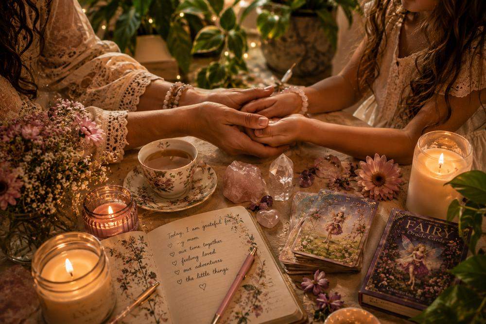 Mama and daughter holding hands with journal
