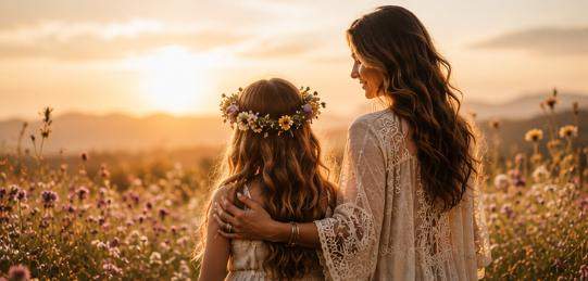 Mama and daughter at golden sunset