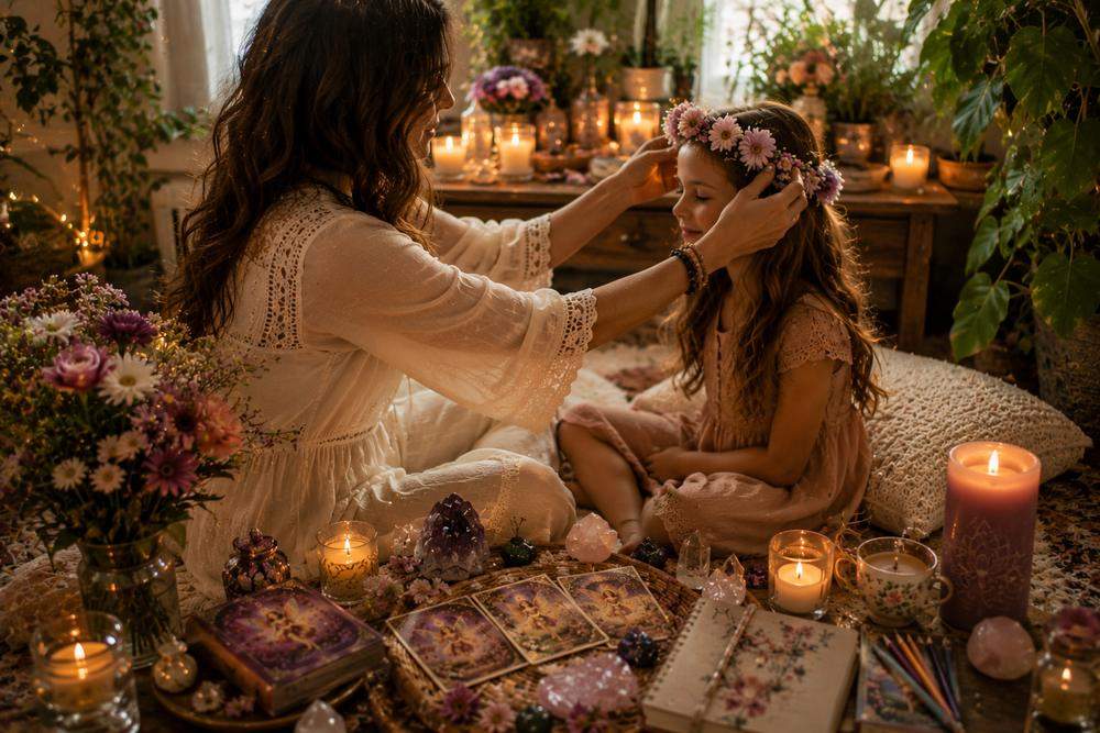 Mama placing flower crown on daughter