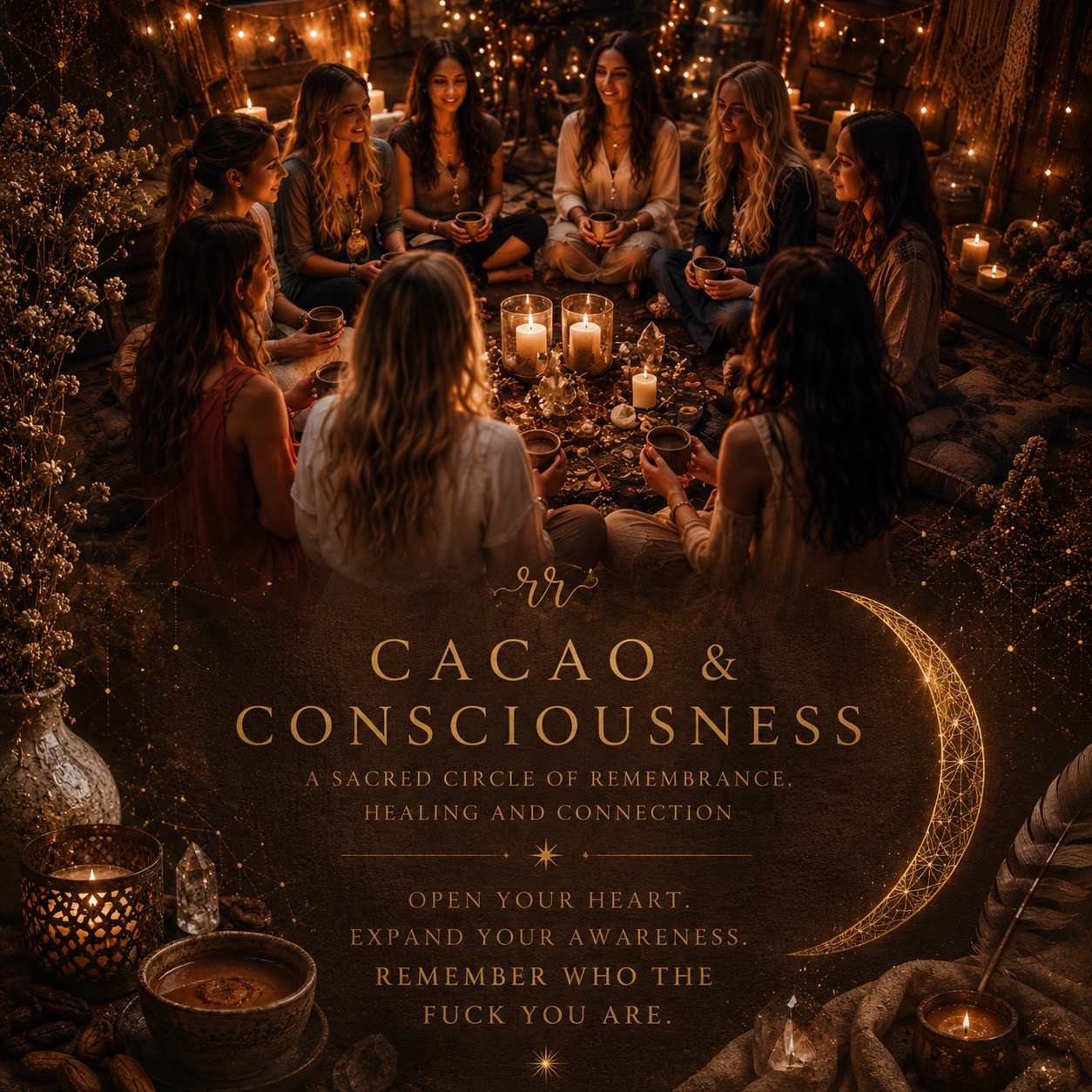 Ceremonial cacao with crystals and sacred objects