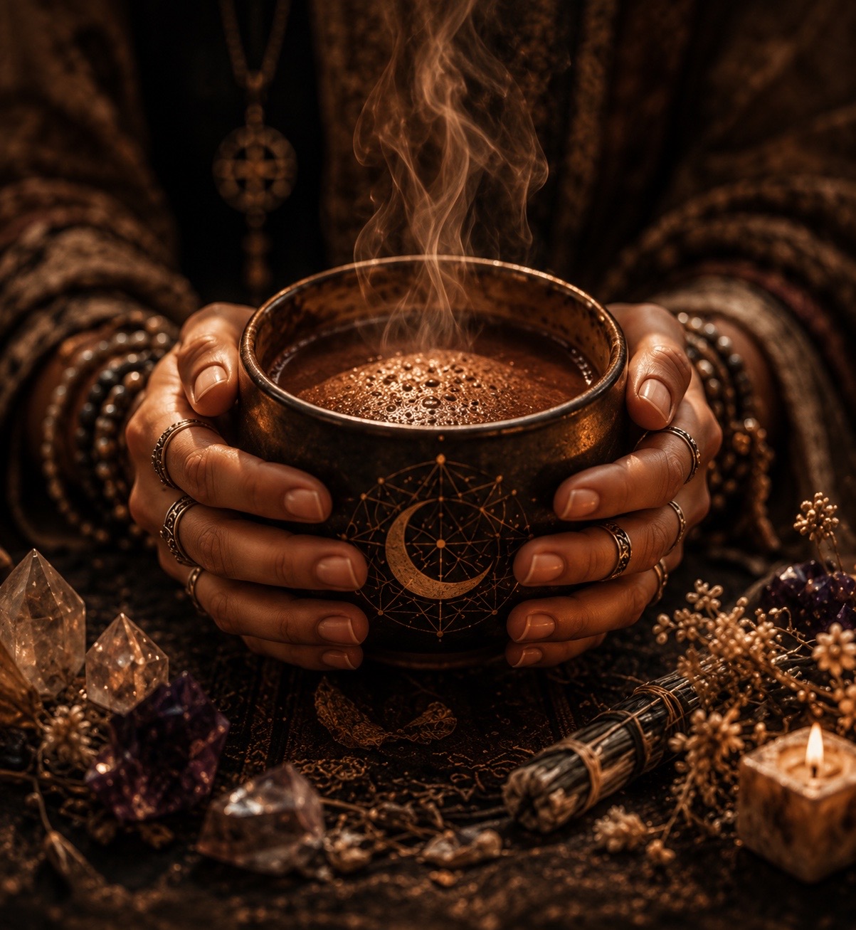 Hands holding ceremonial cacao in circle
