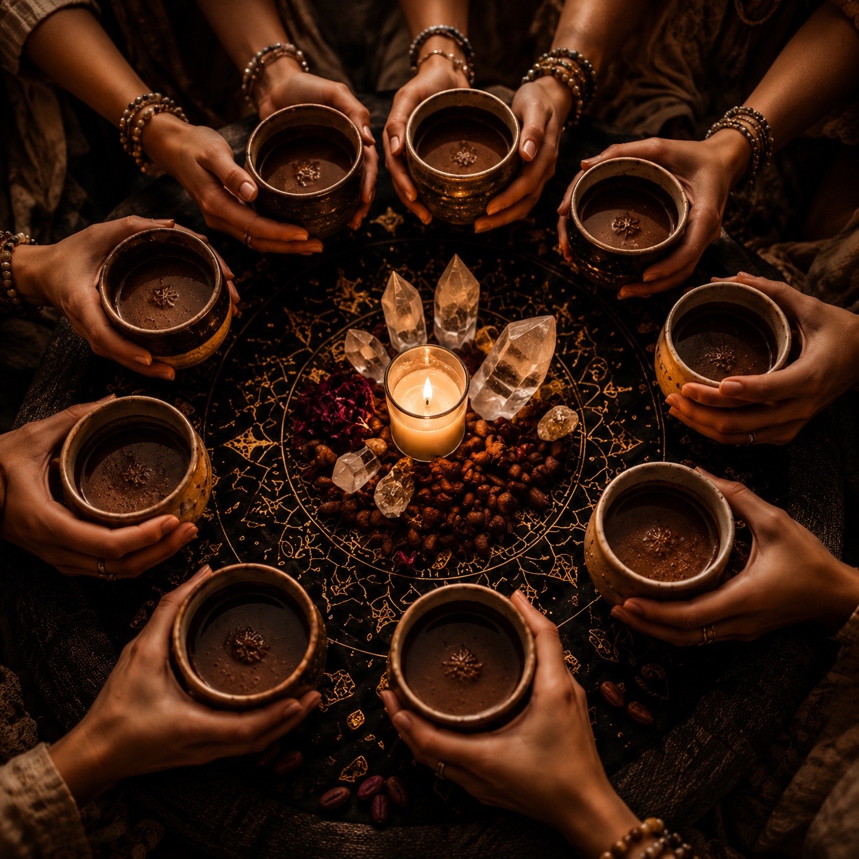 Women in sacred circle holding cacao