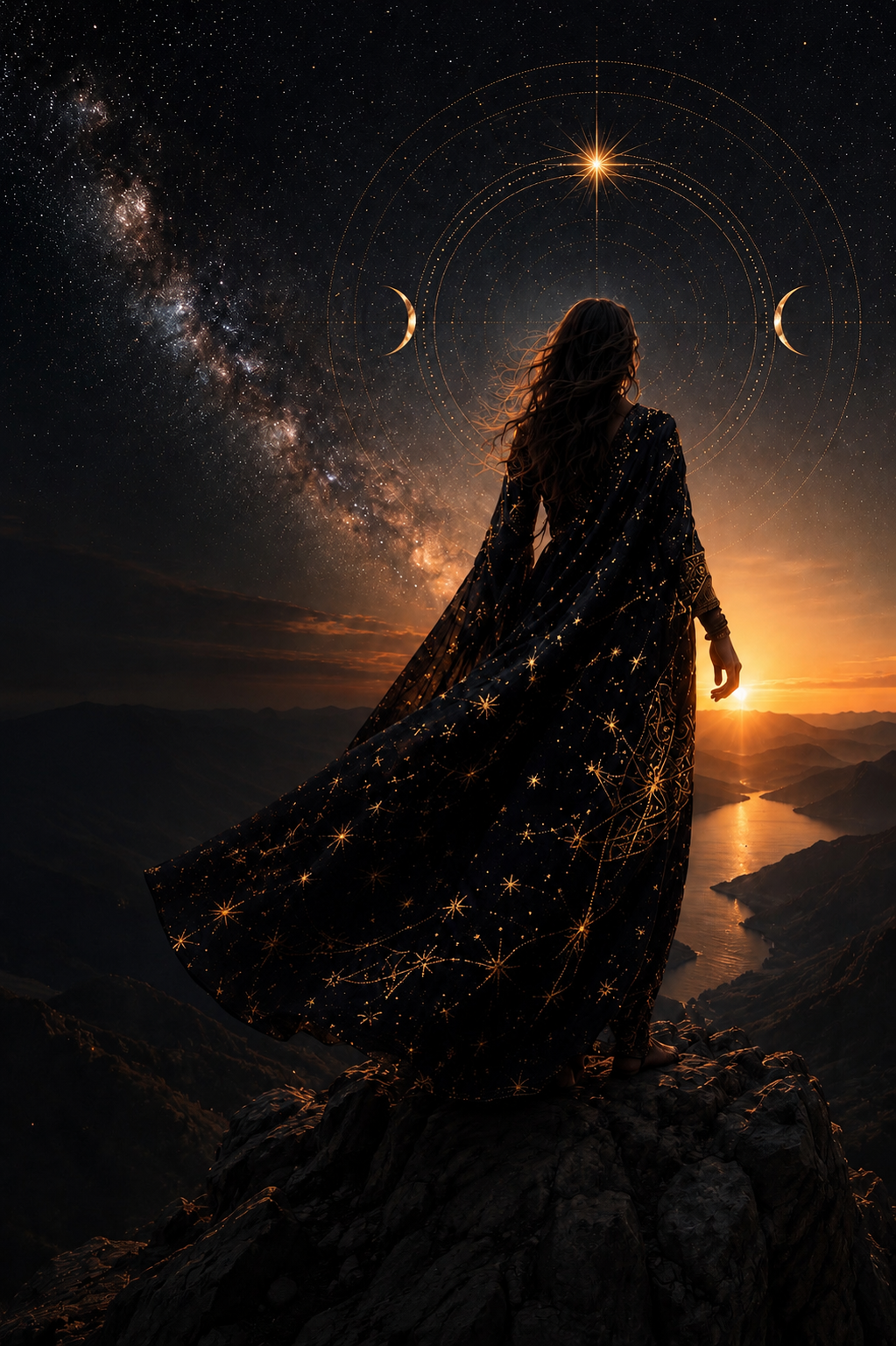 Rise — woman in star cloak at summit