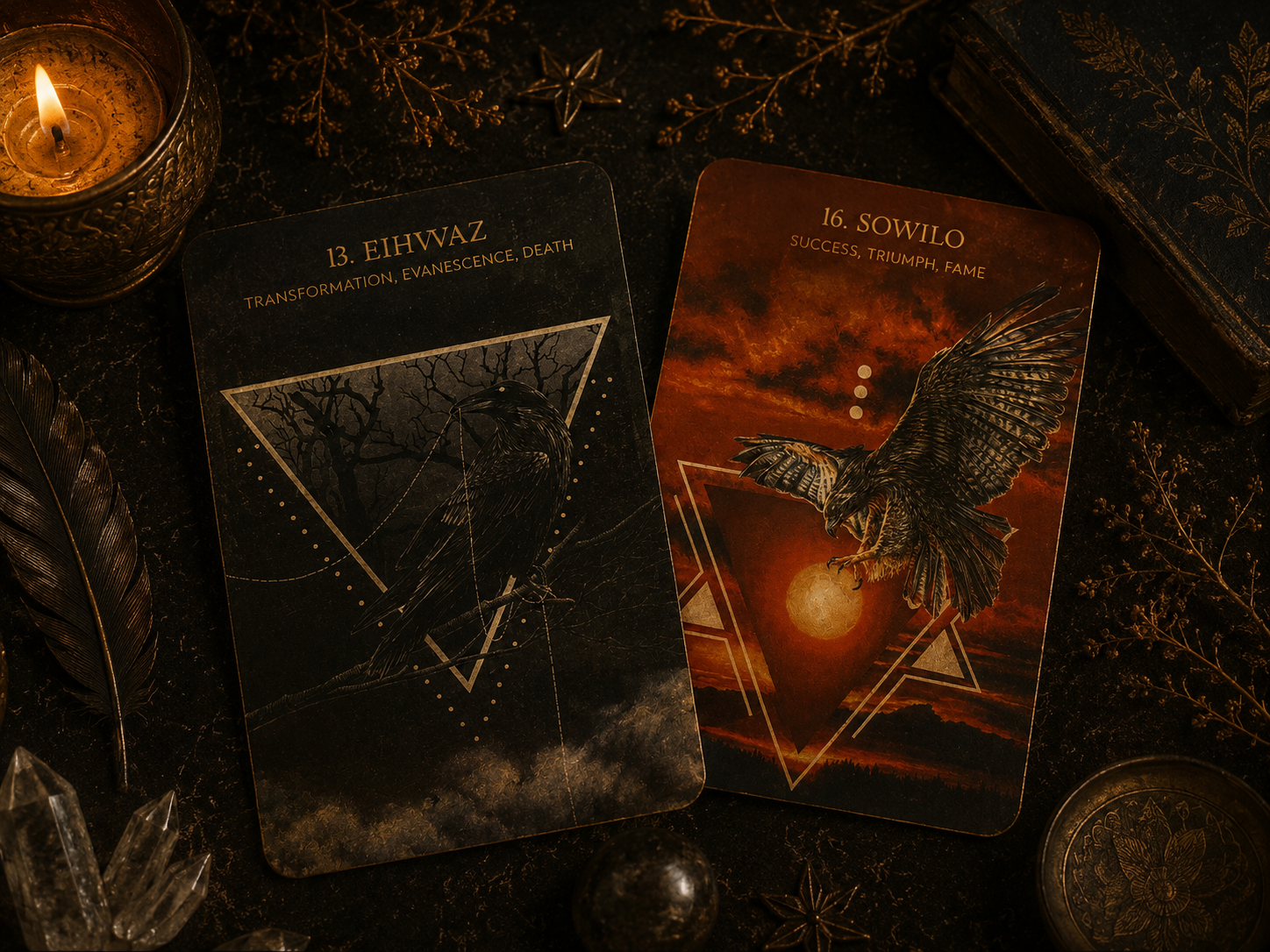 Eihwaz and Sowilo — the two rune cards pulled under the olive tree