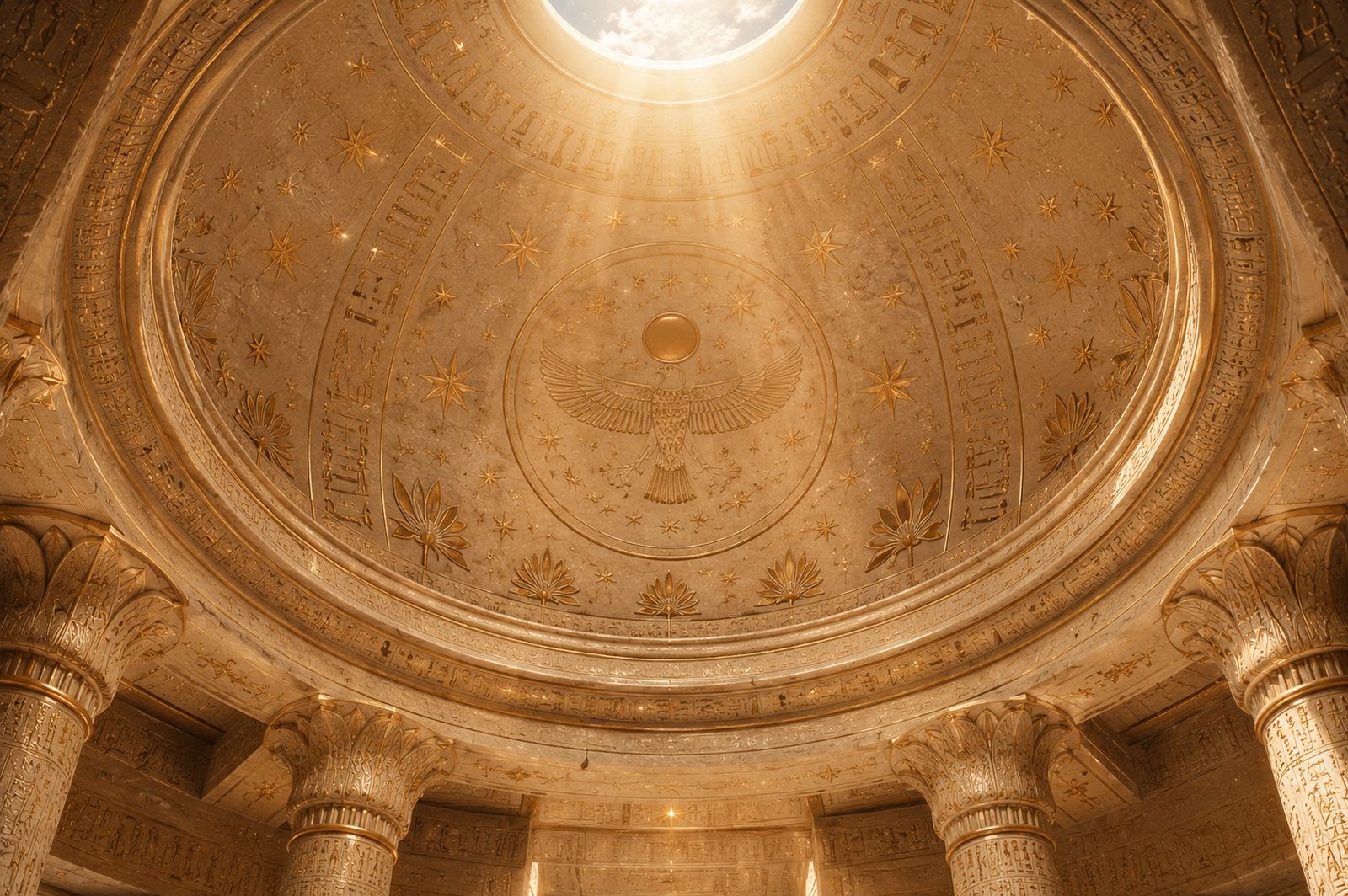A golden domed ceiling with a sunbeam falling through an oculus