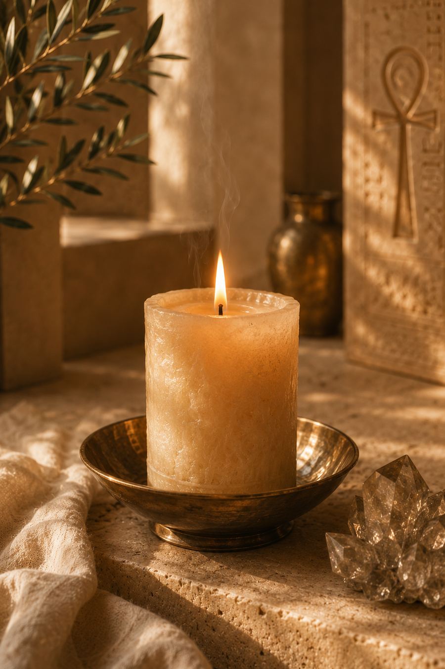 A candle burning in a brass bowl beside crystal points